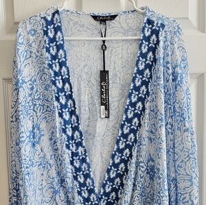 Charlie B XL NWT Blouse Contrast Trim Blue White 3/4 Sleeve Elastic Waist Cross